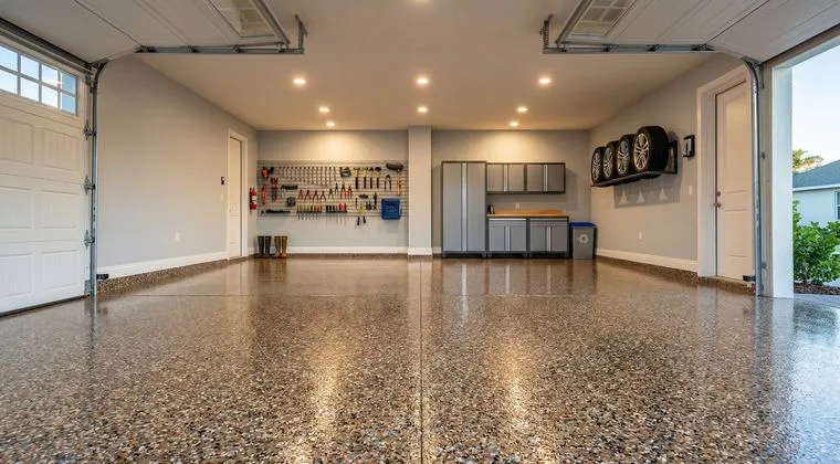 Clean decorative flake epoxy garage floor in a Palm Beach County home