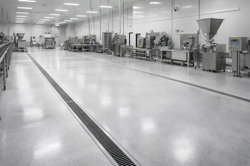 Food processing plant floor with drainage channel Palm Beach County