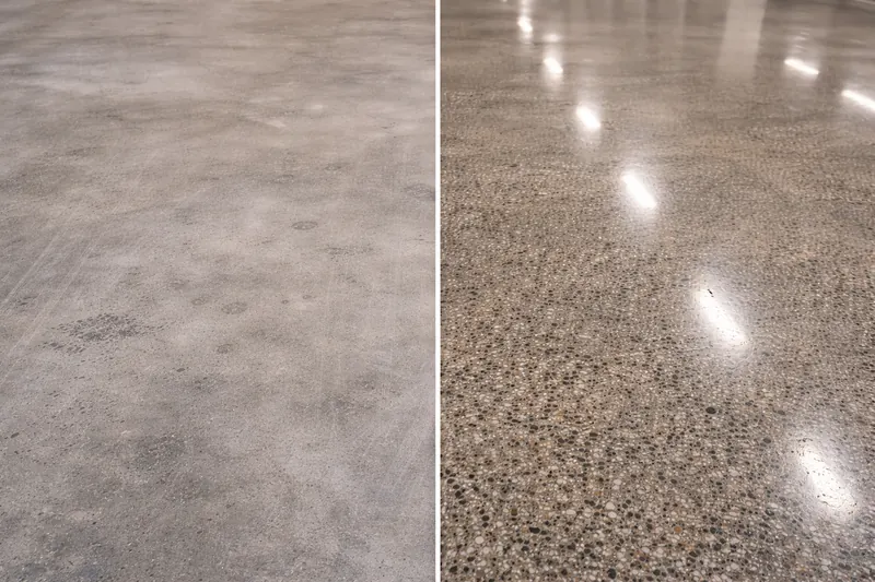Polished concrete before and after — raw concrete vs high-gloss finish Palm Beach County