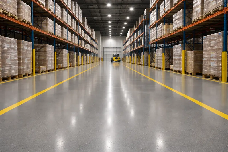 Warehouse epoxy floor with yellow safety line markings Palm Beach County